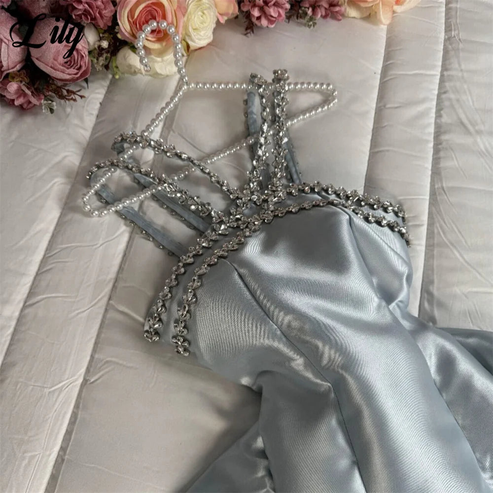 Lily Light Blue Prom Dress Shiny Beading Halter Party Dresses Stain  Sleeveless Celebrity Gowns with Detachable Tail Customized