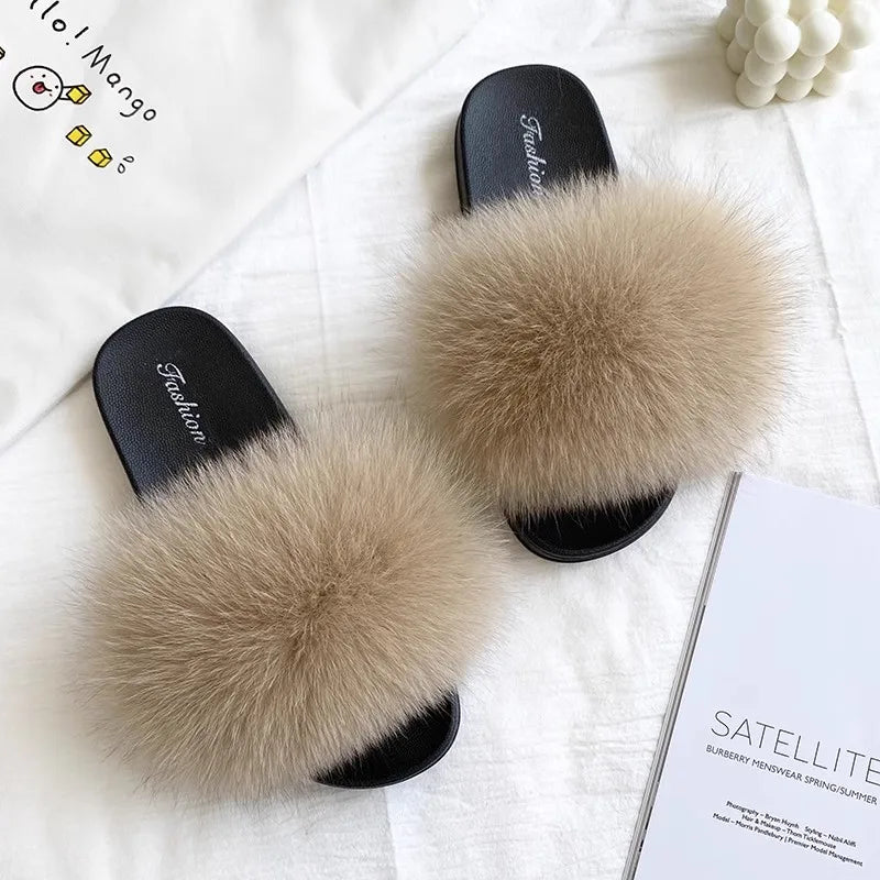 Fashion Lovely Real Fox Fur Slippers Women, Luxury Flat Sandals