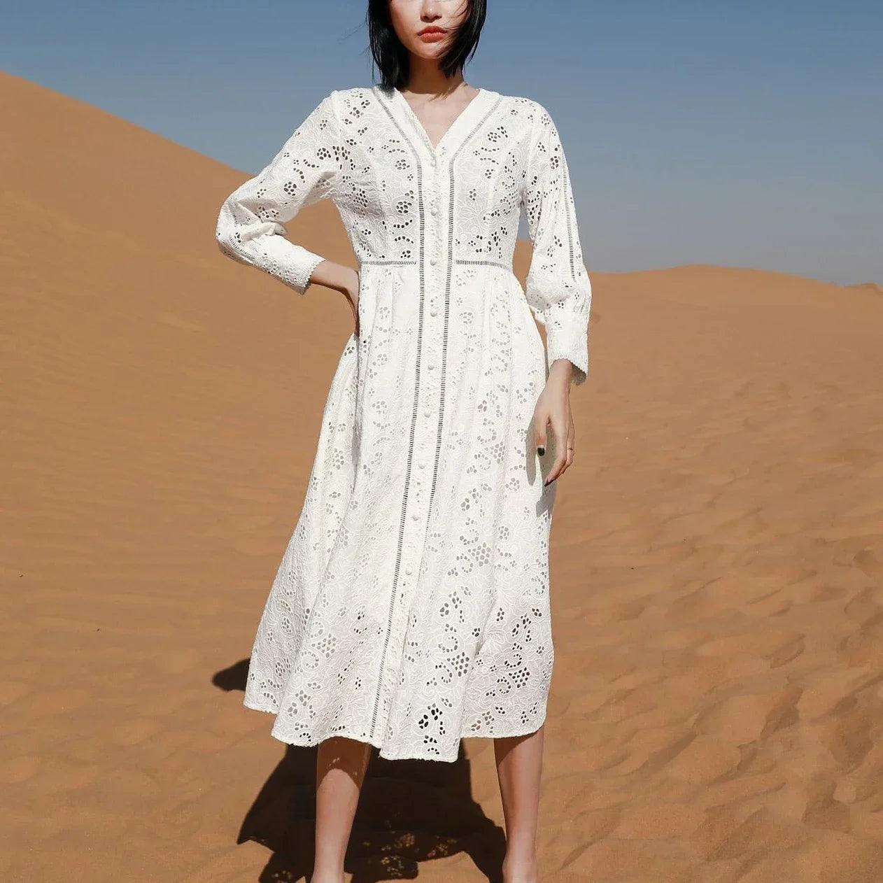 Long Sleeve Lace Dress For Women Robe Vintage V-neck Hollow Out Boho Floral Embroidery Elegant Dresses Ladies Party Vestidos