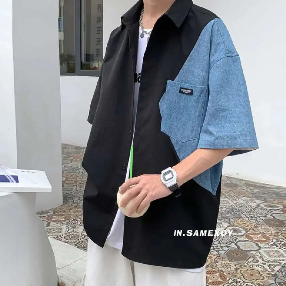 2025 Summer Streetwear Men Short Sleeve Irregular Patchwork Denim Shirt Male Tops Daily Casual Pocket Blouses Unisex Clothes