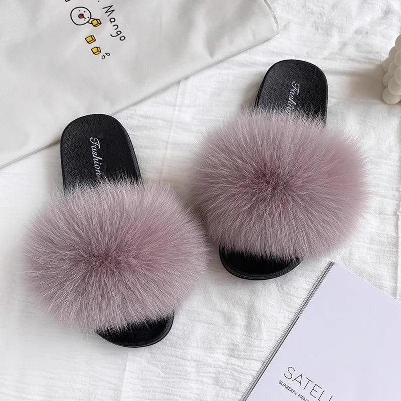 Fashion Lovely Real Fox Fur Slippers Women, Luxury Flat Sandals