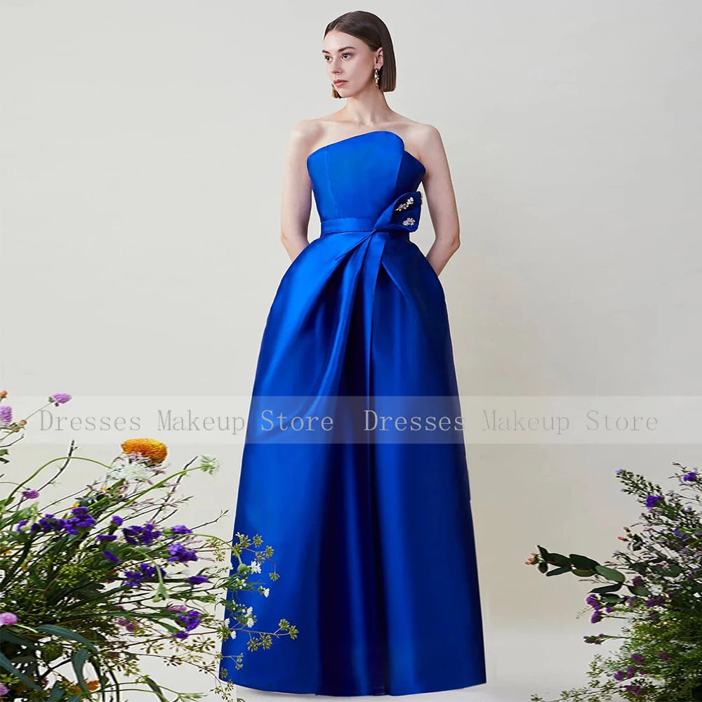 Elegant Evening Dress Gemstone Blue Satin Pleat Rhinestone Formal Party Dresses A-line Strapless Elegant Party Dresses Woman