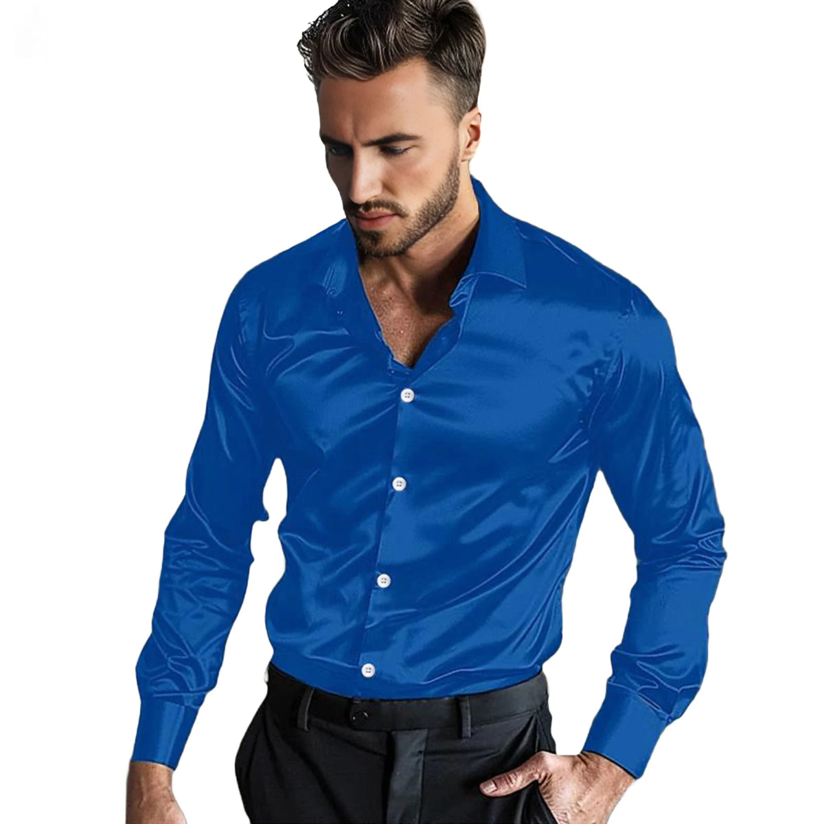 Lynett Lamar Men's Ice Silk Wrinkle-Resistant Non-Iron Long Sleeve Shirt — Slim Fit Glossy Business Casual