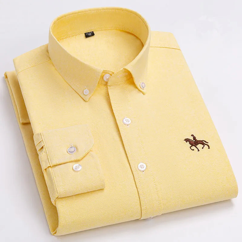 Men's 100% Cotton Oxford Washed Long Sleeve Dress Shirt — Embroidered Business Casual