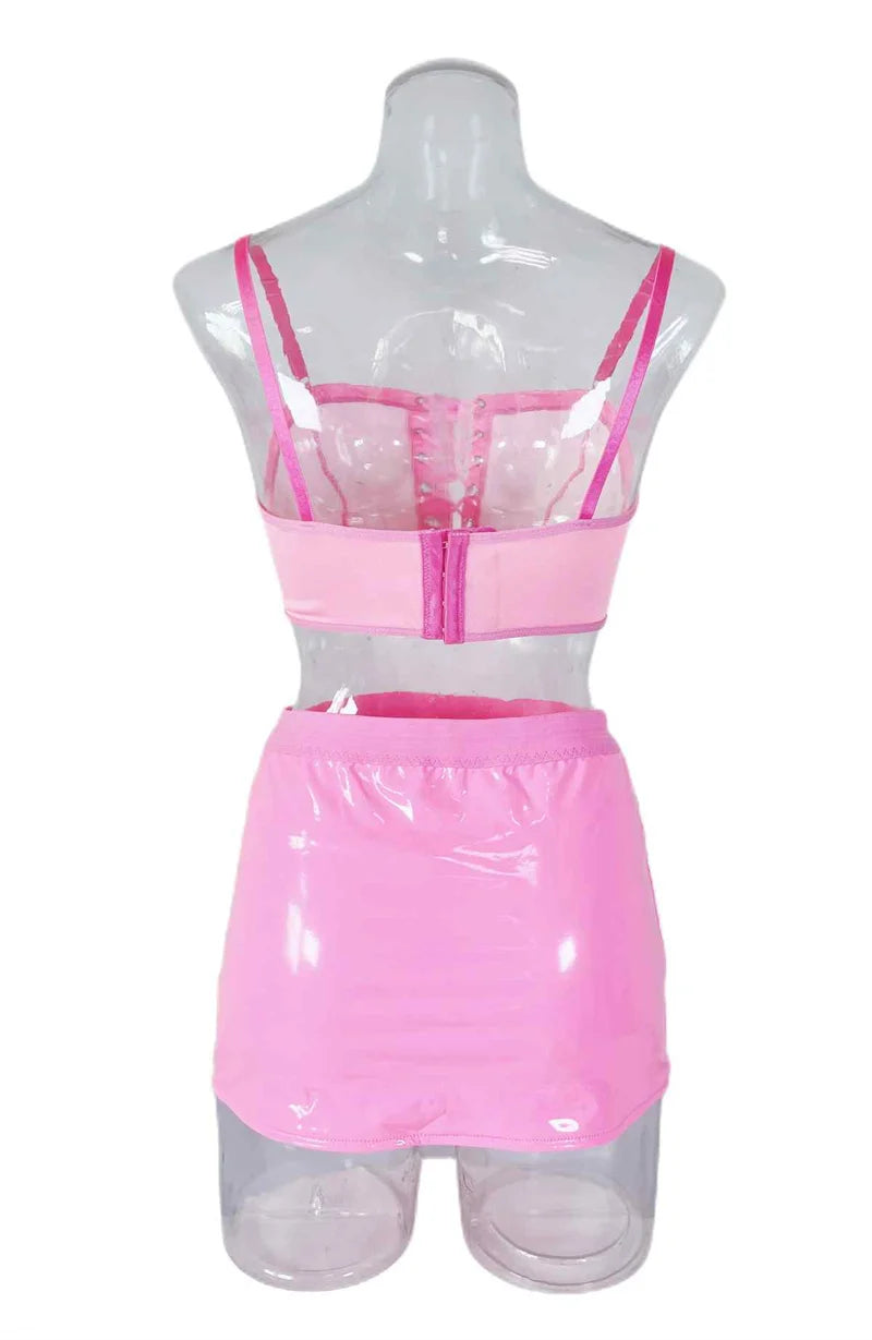 New Fashion Spicy Girl Sexy Two Pieces PU Lingerie Set Adult Lady Night Club Party Hot Costumes Stylish Street Wear Mini Skirt