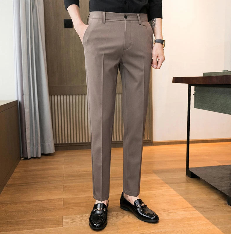 Trousers for Men Cropped Slim Fit Formal Work Casual Pants Man Dress Tailoring Baggy Polyester Slacks Korean Style Cotton Sale