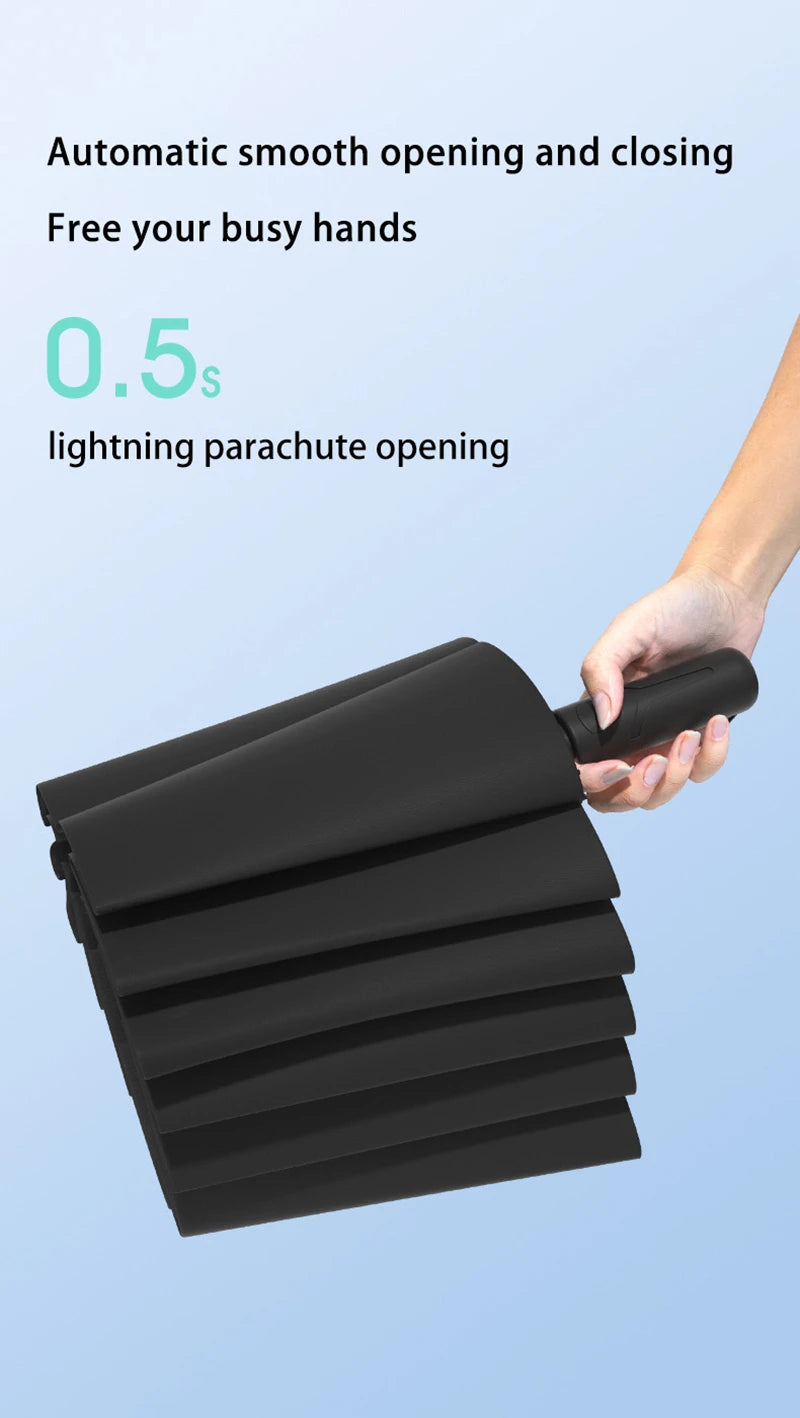 Extra Large Auto Open Close Umbrella Windproof Reverse Fold Sun Rain UV Protection Black Layer Sunshade for Outdoor Travel Use