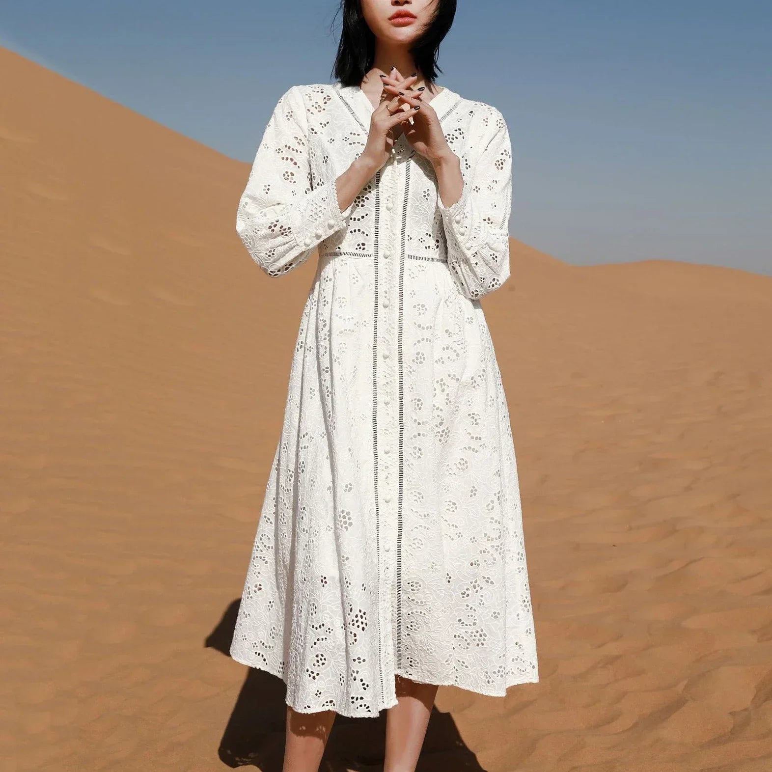 Long Sleeve Lace Dress For Women Robe Vintage V-neck Hollow Out Boho Floral Embroidery Elegant Dresses Ladies Party Vestidos