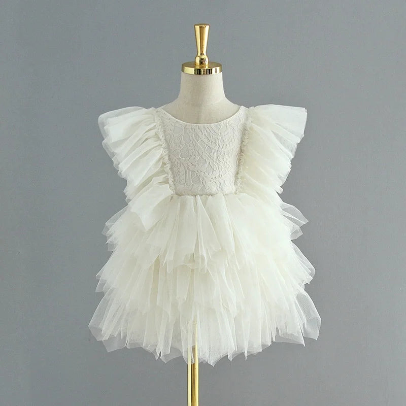 Backless Ruffles Lace Flare Sleeves Layered Princess Party Dresses