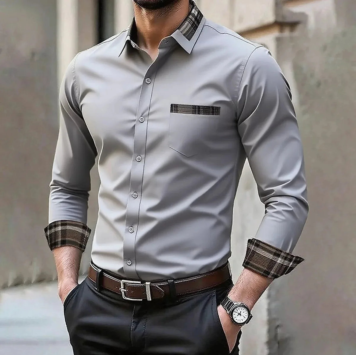 Men's Silk-Blend Plaid Long Sleeve Dress Shirt — 12 Colours Formal Casual Wedding