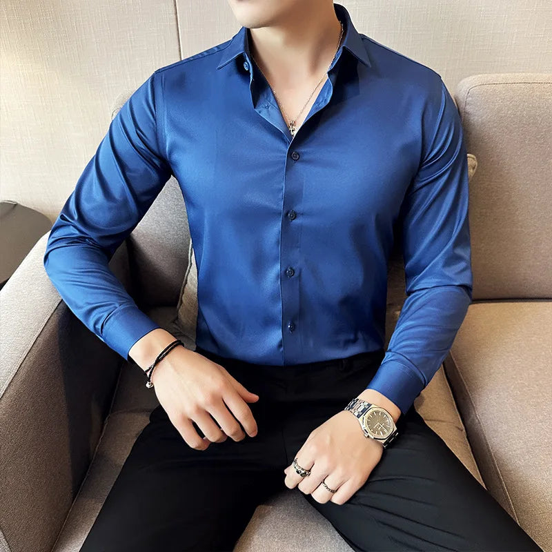 Lynett Lamar Men's Silk-Feel Non-Iron Long Sleeve Shirt — Seamless Stretch Business Casual