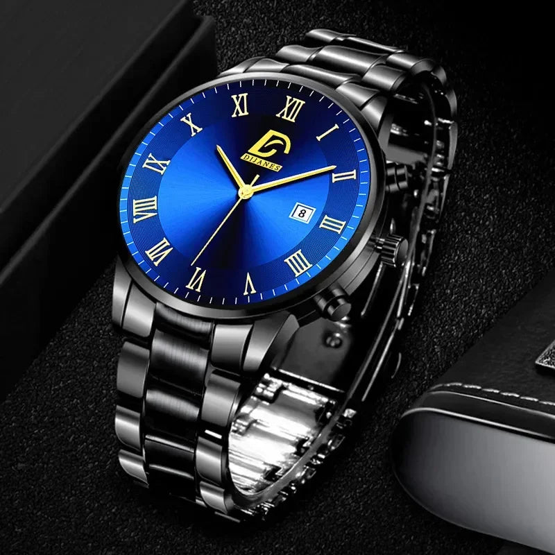 5PCS Fashion Mens Gold Stainless Steel Watches set Luxury  Quartz Wrist Watch Men Business Casual Watch relogio masculino