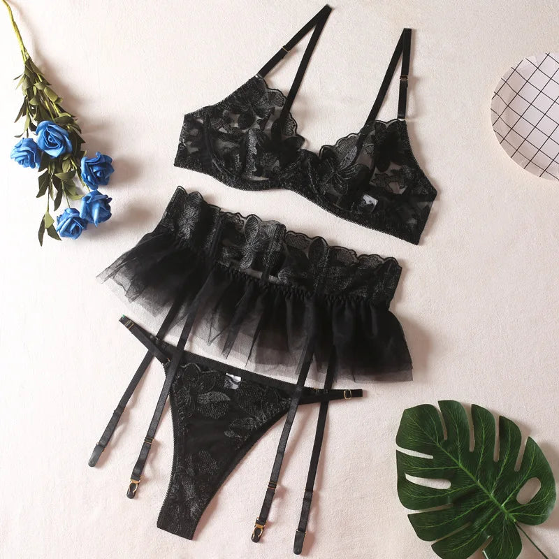 Lingerie Set Women Sexy Underwear Push Up Strappy Embroidered Mesh Sheer Lingerie Set See Through Panty Bra 3 Piece Langerie