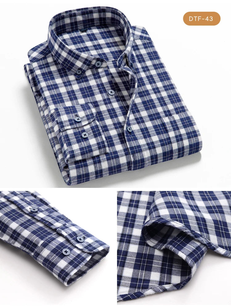 Men's Button Down Collar Contrast Plaid Pure Cotton Flannel Shirt with Left Chest Pocket Slim Fit Comfort Casual Brushed Shirts