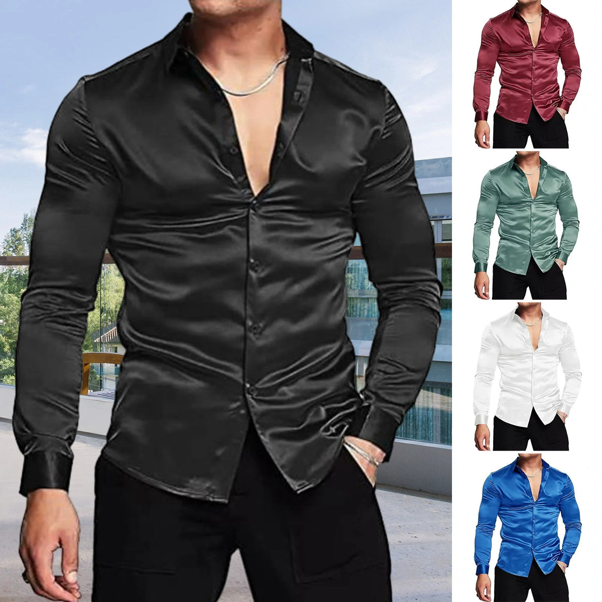 Lynett Lamar Men's Ice Silk Wrinkle-Resistant Non-Iron Long Sleeve Shirt — Slim Fit Glossy Business Casual