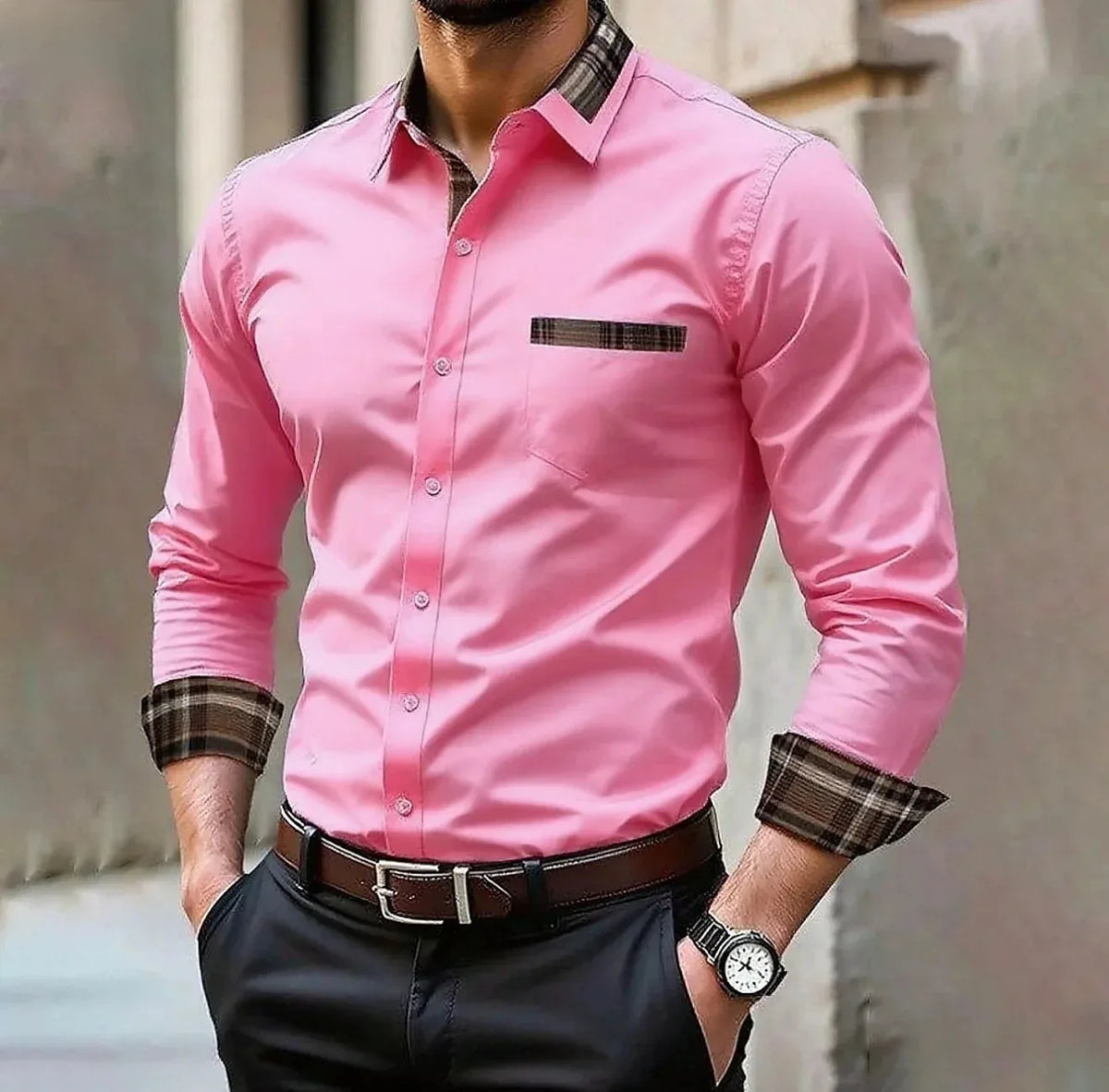 Men's Silk-Blend Plaid Long Sleeve Dress Shirt — 12 Colours Formal Casual Wedding