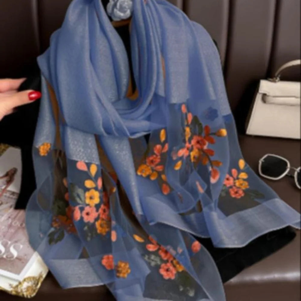 Elegant floral embroidered silk scarf for women, stylish sunscreen beach shawl with beaded trim, bohemian windproof must-have