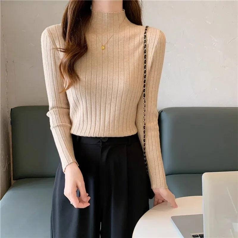 Woman Sweaters 2025 Autumn Winter Knitted Ribbed Turtleneck Sweater Women Clothes Long Sleeve Slim Basic Pullover Solid Tops