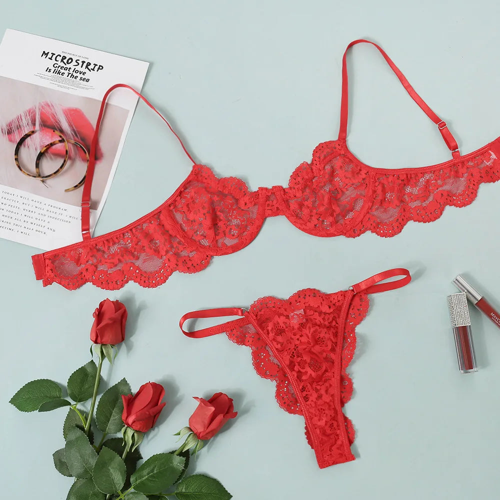 Bra for Women Bra and Panty Set Thongs Push-up Sexy Lingeire Eroitc Underwear Transparent Lace Belt Steel Ring Three-point Set