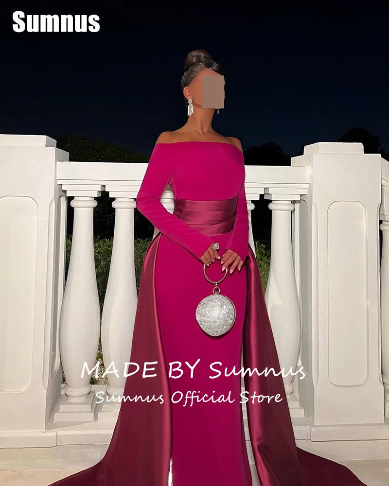SUMNUS Formal Contrast Color Satin Evening Prom Gowns Mermaid Party Dresses Floor-Length Long Sleeves Party Dresses Customized