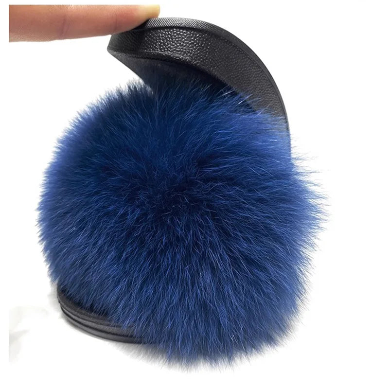Fashion Lovely Real Fox Fur Slippers Women, Luxury Flat Sandals