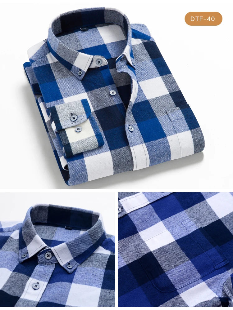 Men's Button Down Collar Contrast Plaid Pure Cotton Flannel Shirt with Left Chest Pocket Slim Fit Comfort Casual Brushed Shirts