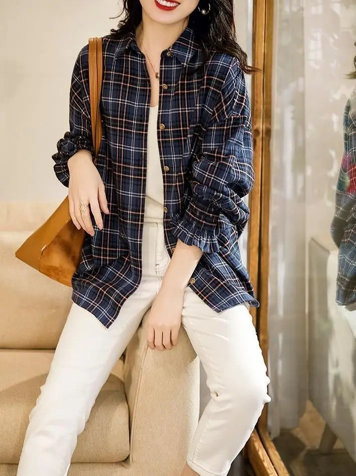 Long Plaid Button Down Shirt For Women Casual Office Wear Loose Fit Turn Down Collar Full Sleeve Spring Autumn Style