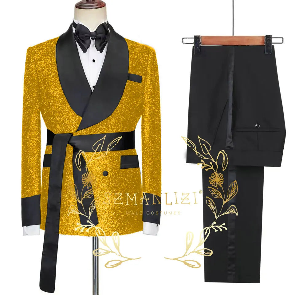 2026 Tailor-Made Shiny Black Groom Tuxedo Double Breasted Men Suit Prom Wedding Party Mens Suits Costume ( jacket+Pants+Belt)