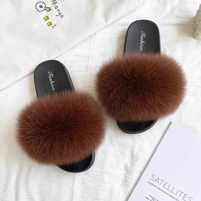 Fashion Lovely Real Fox Fur Slippers Women, Luxury Flat Sandals