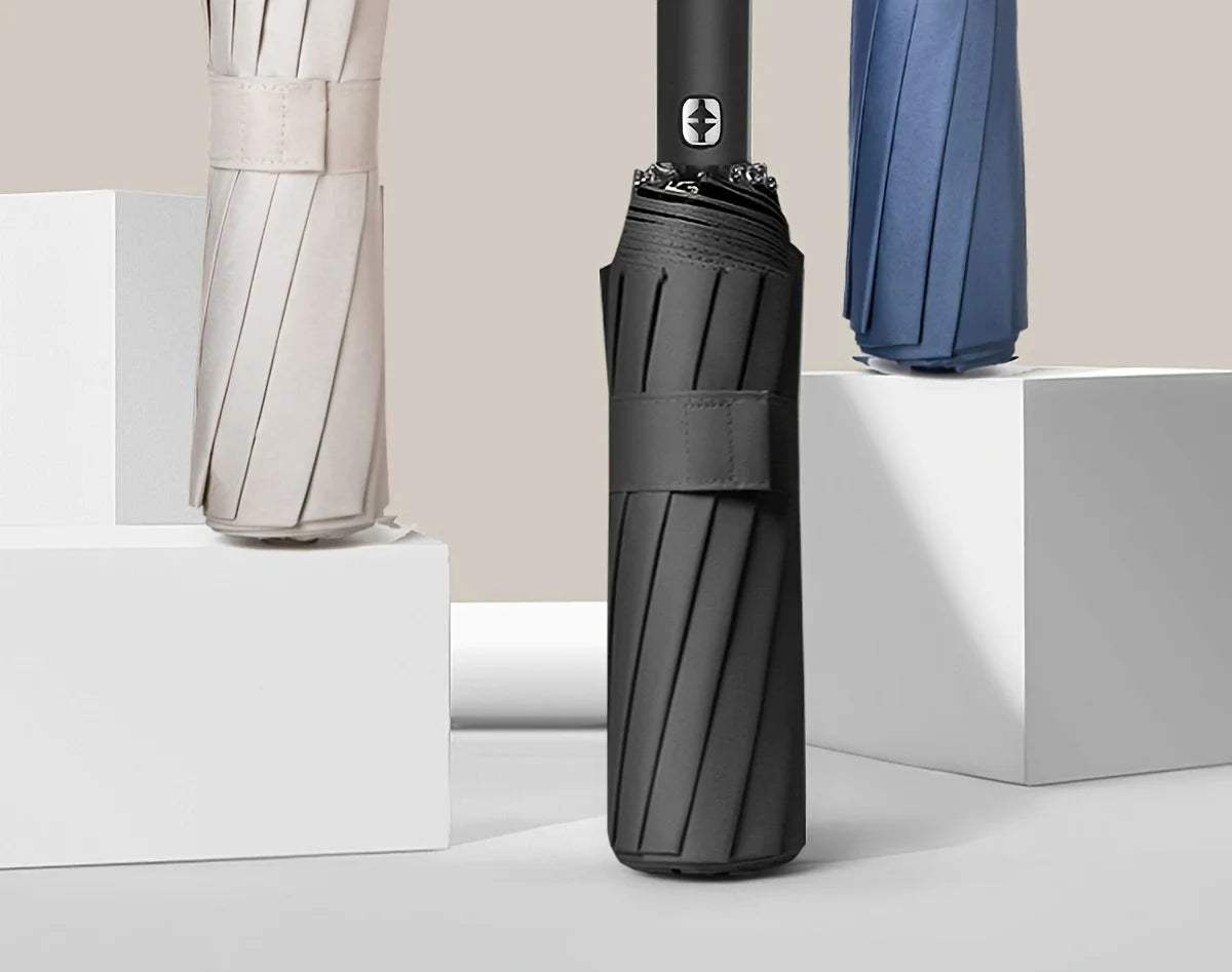 A fully automatic foldable umbrella with 12 ribs and reinforced structure for both rainy and sunny days, featuring UV protection