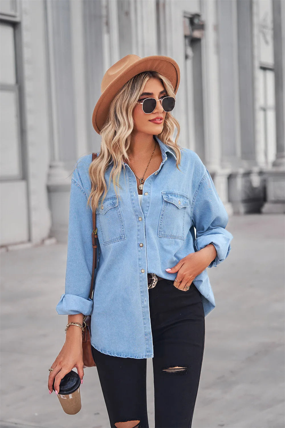 Women Button Down Denim Shirt Casual Long Sleeve V Neck Chambray Blouse Top Boyfriend Style Loose Fit Daily Wear Jean Shirts