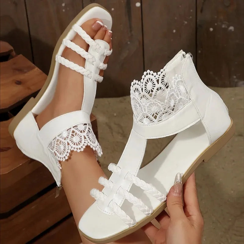 2025New Summer Sandals  Square Head Woven Bag with Back Zipper Soft Sole Anti-slip Wear-resistant Flat Shoes Women Shoes