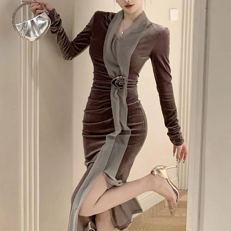 Women Vintage Velvet 3D Flower Ruched Sexy Split Elegant Party Dresses Y2K Winter V Neck Long Sleeve Bodycon Midi Dress Vestidos