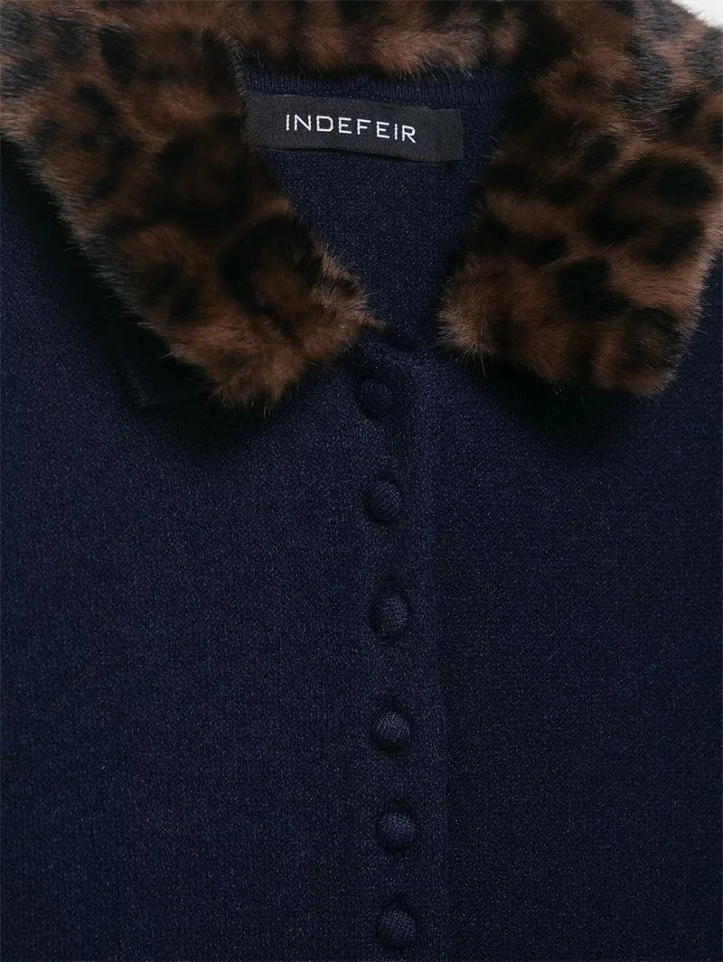Women's Jacket 2025 New Autumn Fashion Darkblue Detachable Animal Print Neckline Knitted Jacket for Women Casual Chic Ladies Top