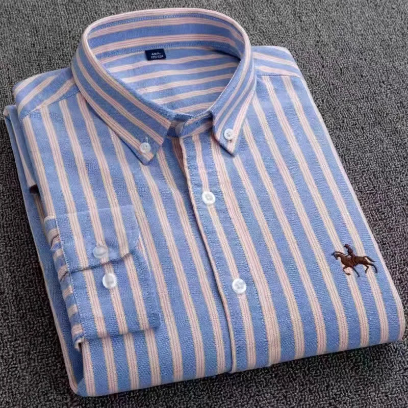 Men's 100% Cotton Oxford Washed Long Sleeve Dress Shirt — Embroidered Business Casual