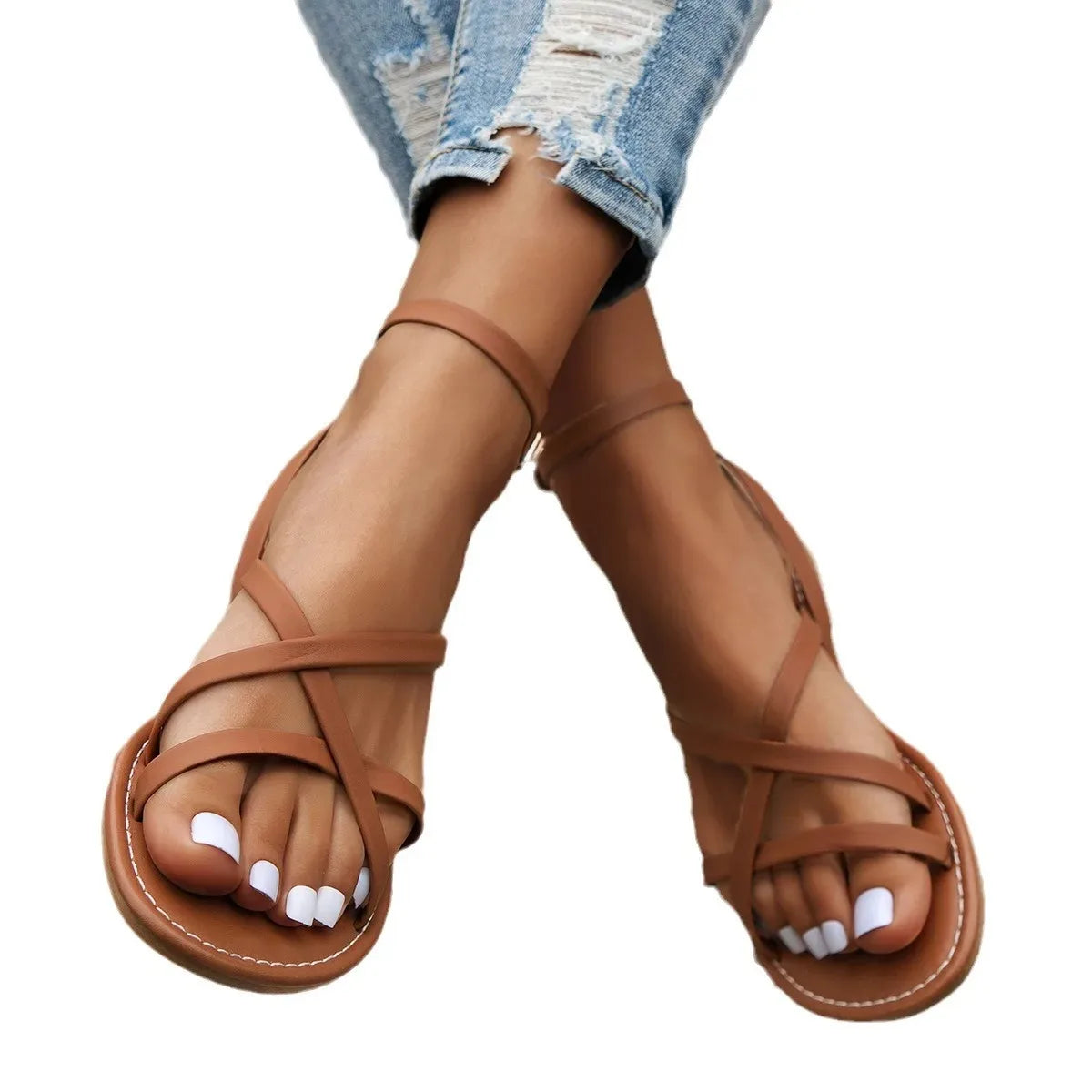 Roman Sandals Women's Summer Flat Bottomed New Style Thick Sole French High-end Feeling Soft Sole for Wearing Fairy Beach Shoes