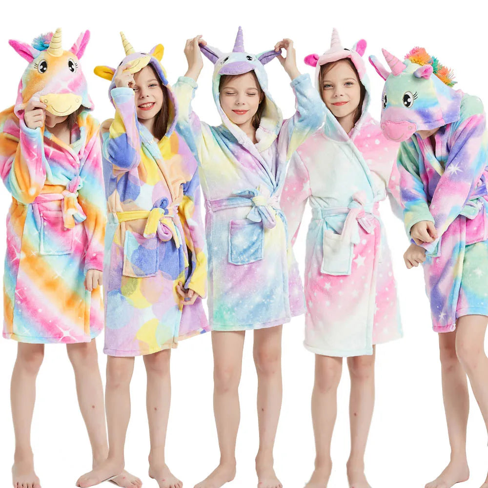 Children Bathrobe For Girls Kigurum Unicorn Pyjamas Kids Colar Fleece Boys Bathrobes Nightgown Baby Sleepwear Hooded Bath Robe