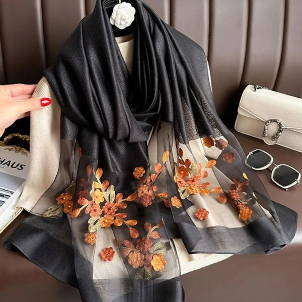 Elegant floral embroidered silk scarf for women, stylish sunscreen beach shawl with beaded trim, bohemian windproof must-have