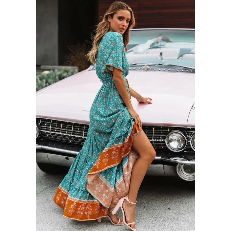 Maxi Dresses for women Cotton Rayon blue Floral print sexy deep v-ncek boho summer dresses loose Hippie long dress Vestidos