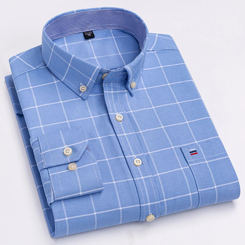 Lynett Lamar Men's 100% Cotton Oxford Plaid Long Sleeve Dress Shirt — Regular Fit Casual S–7XL