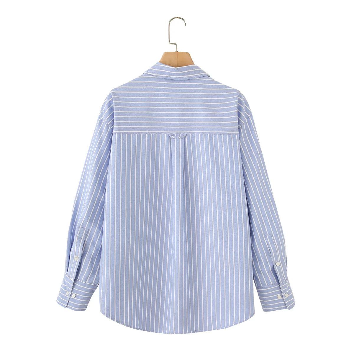 Blue Stripe Button-Down Shirt Women Oversized Fit Long Sleeve Spring Summer Elegant Office Casual Daily Wear Lightweight Top