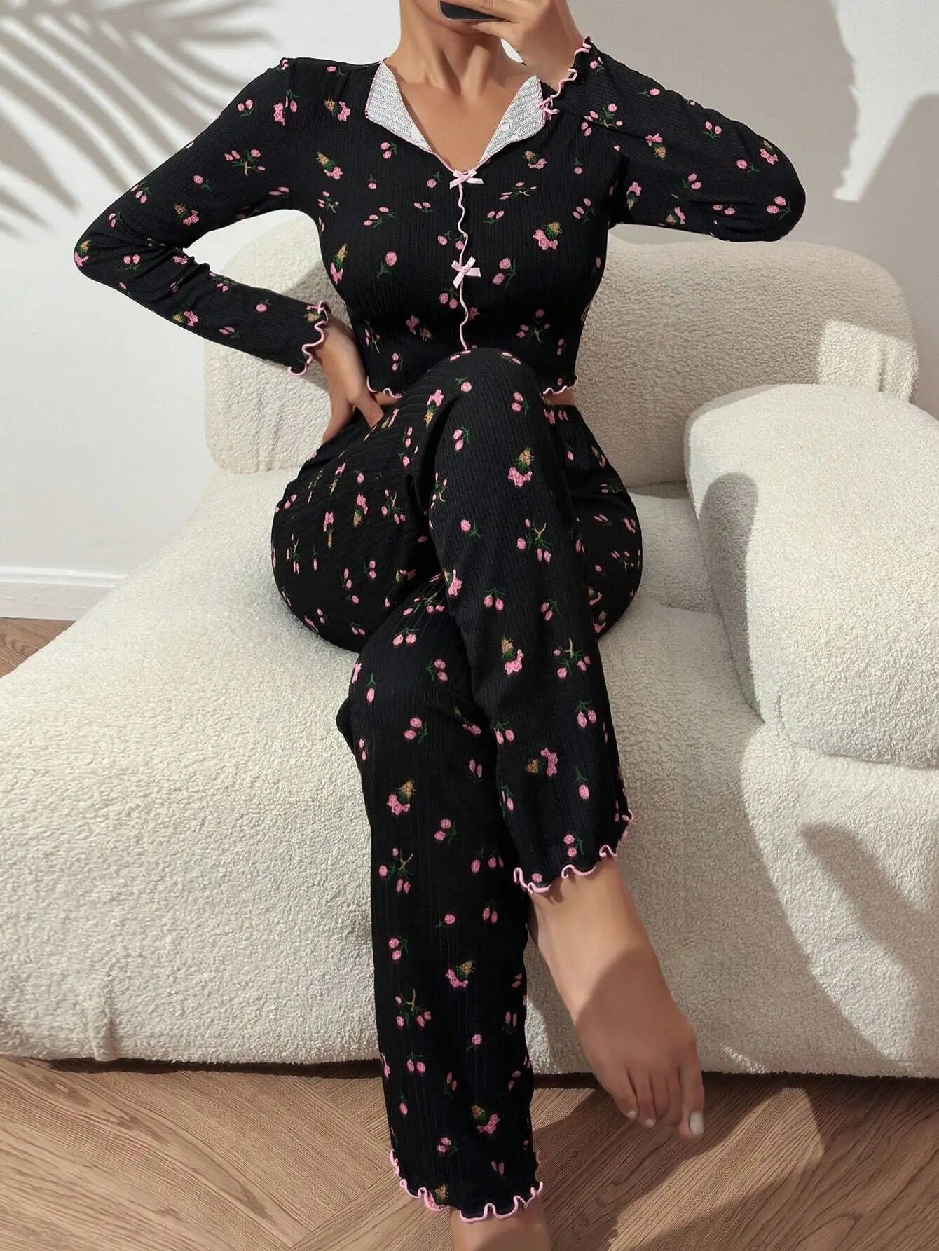 European and American hot-selling loungewear printed trousers long sleeves can be worn outside women's pajamas two-piece set