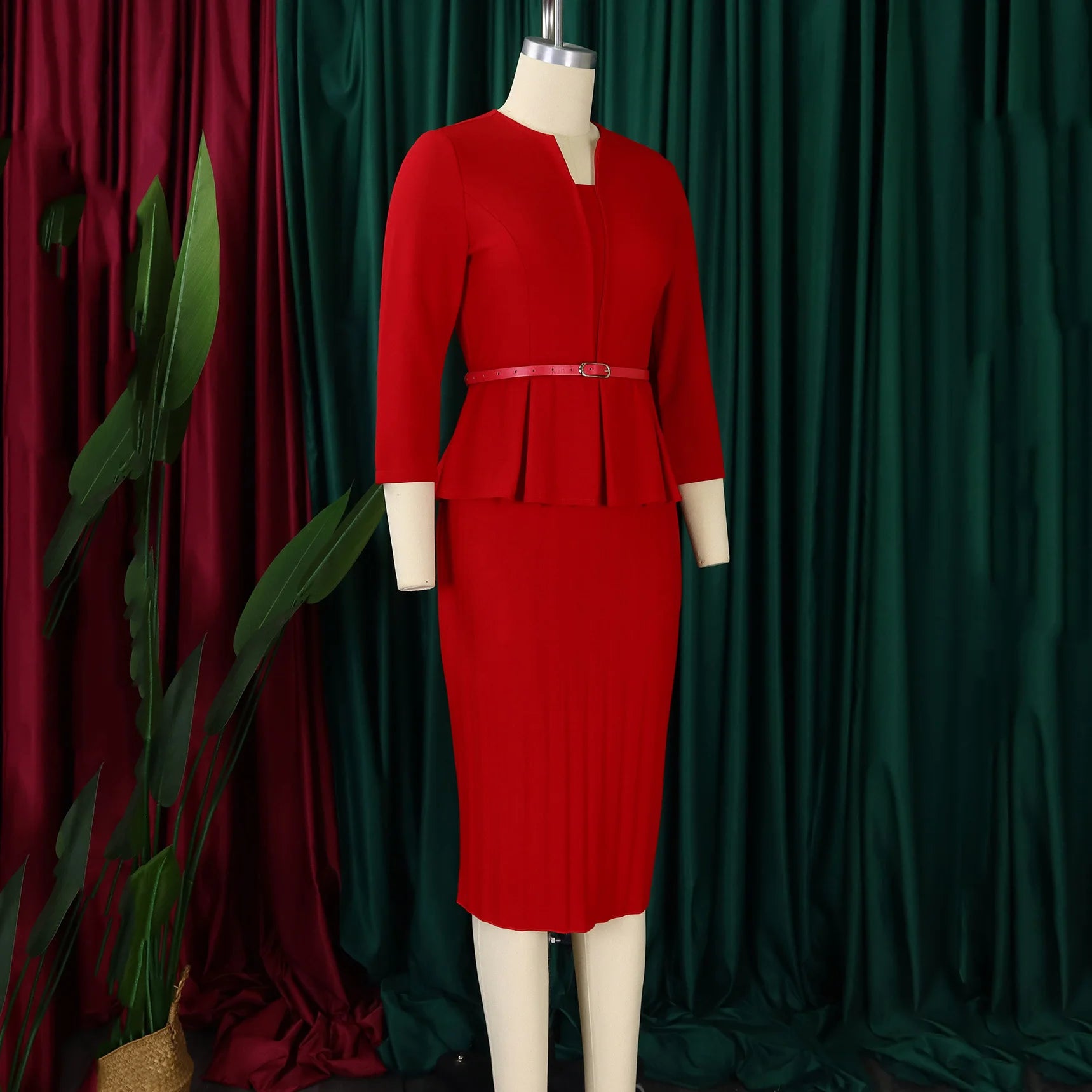Elegant Office Dress for Women Professional 2024 New V Neck Three Quarter Sleeve Belt Waisted Mid Calf Formal Business Work Robe