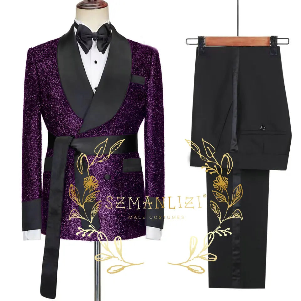 2026 Tailor-Made Shiny Black Groom Tuxedo Double Breasted Men Suit Prom Wedding Party Mens Suits Costume ( jacket+Pants+Belt)