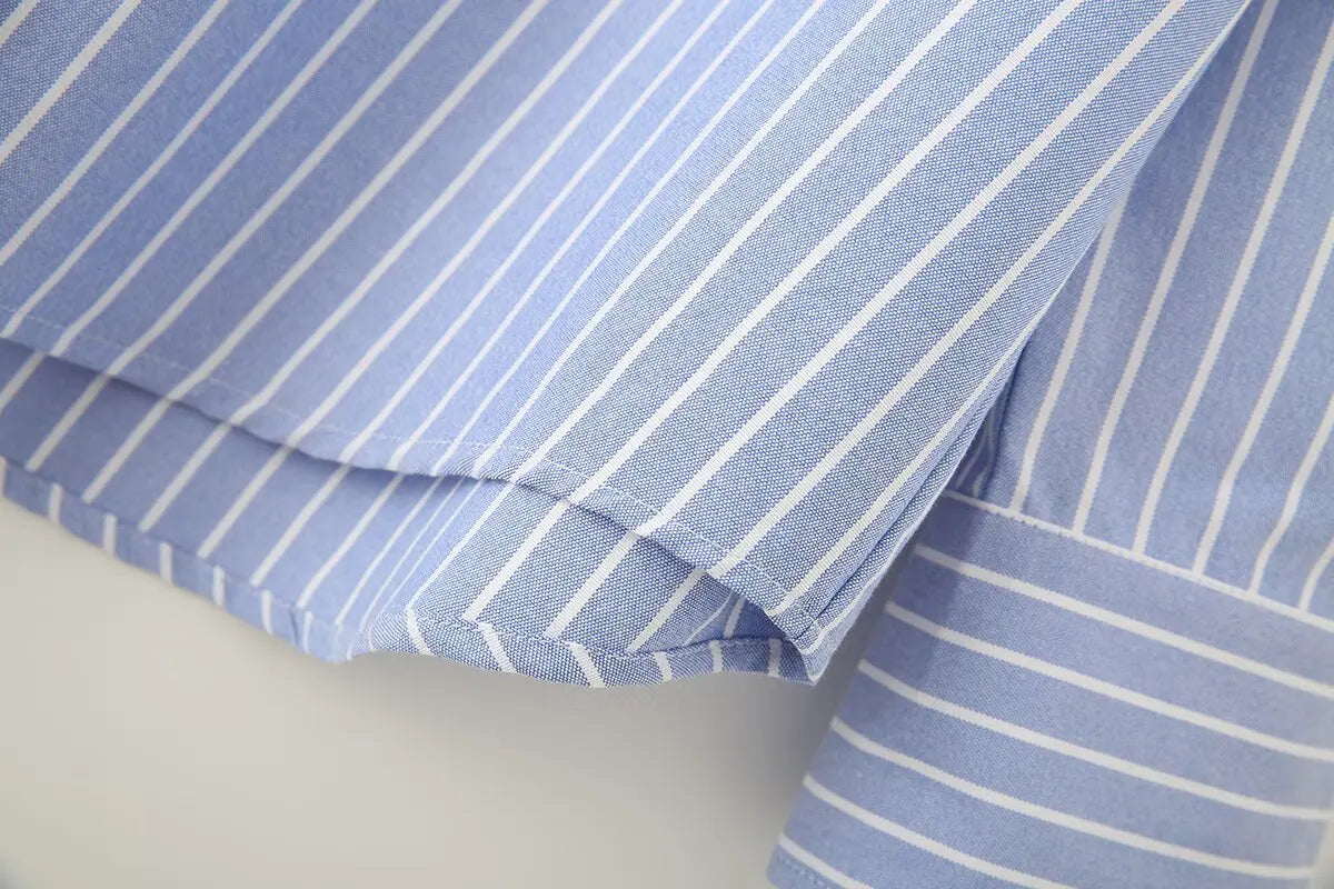 Blue Stripe Button-Down Shirt Women Oversized Fit Long Sleeve Spring Summer Elegant Office Casual Daily Wear Lightweight Top