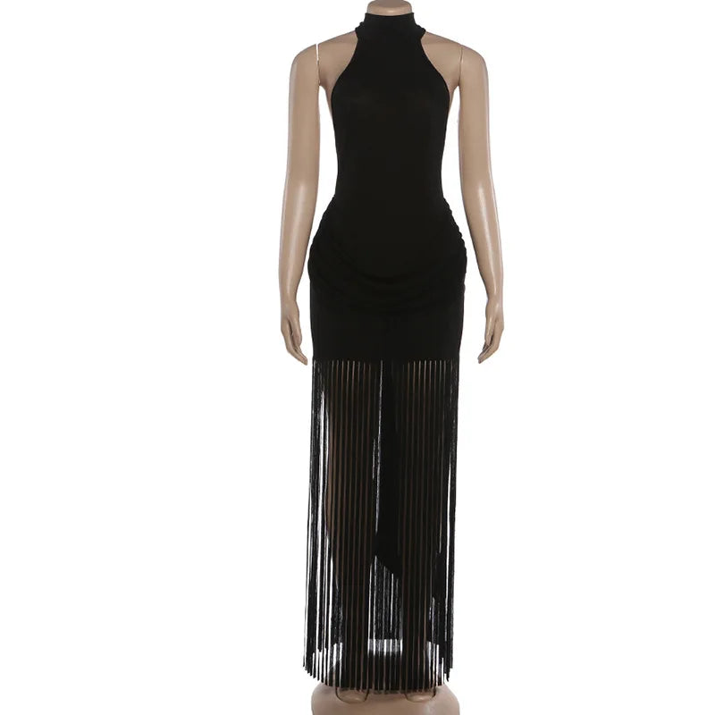 2026 Summer New Sexy Women's Dresses Halter Neck Backless Club Dress with Tassel Trim Fringe Detail Bodycon Party Mini Dress