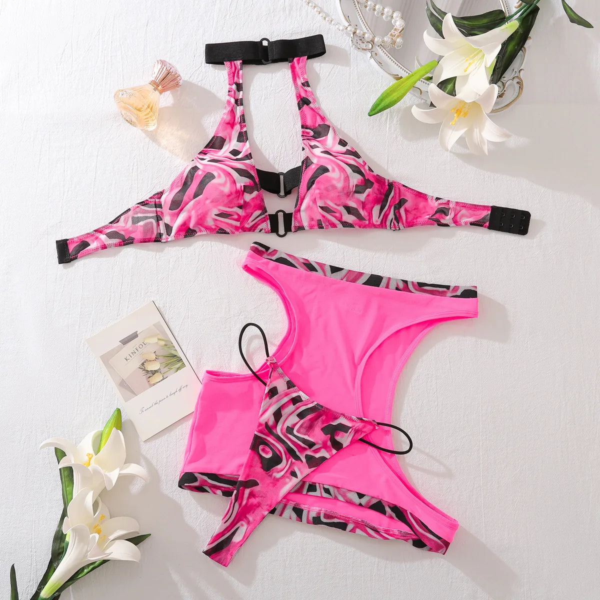 Spicy Girl Blocked Color Lingerie Set Women's Sexy Hollow Out Halter Neck Suit Backless Transparent Bra Short Skirt Three Pieces