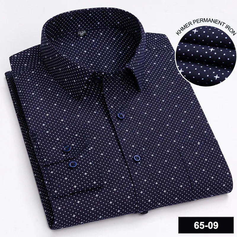 Men's Printed Plaid & Stripe Long Sleeve Casual Shirt — Single Pocket Business Formal Four Seasons