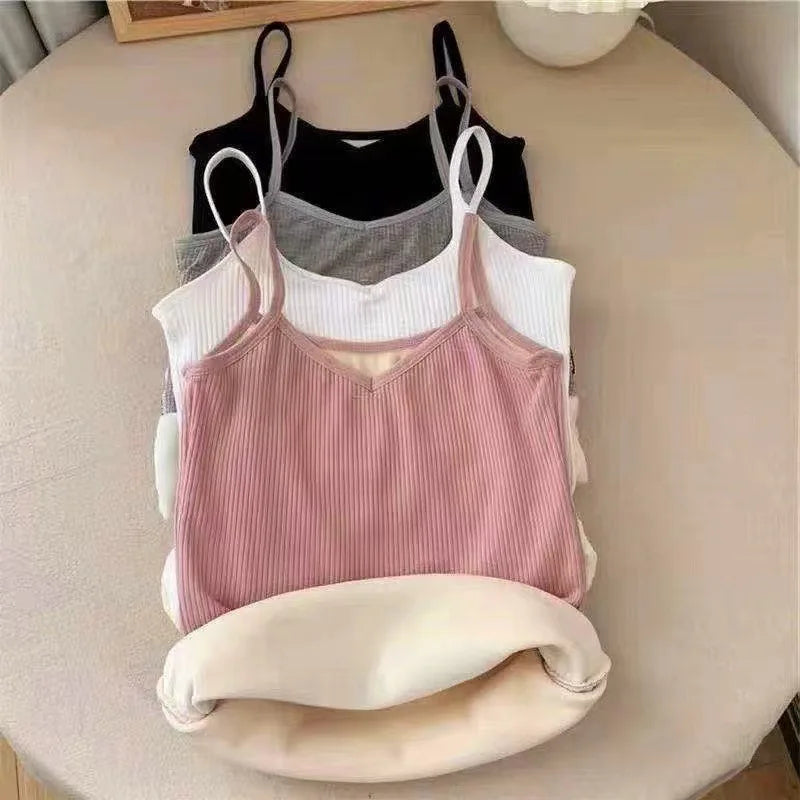 Women Winter Warm Underwear Solid Color Thermal Casual Nightwear Sexy Elasticity Female Thin Velvet T-shirt Sleeveless Tops