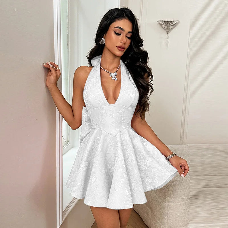 Evening Party Dresses Women 2025 Summer Sexy Bow Halter Long Dress Elegant Jacquard Lace Up Backless Birthday Robe